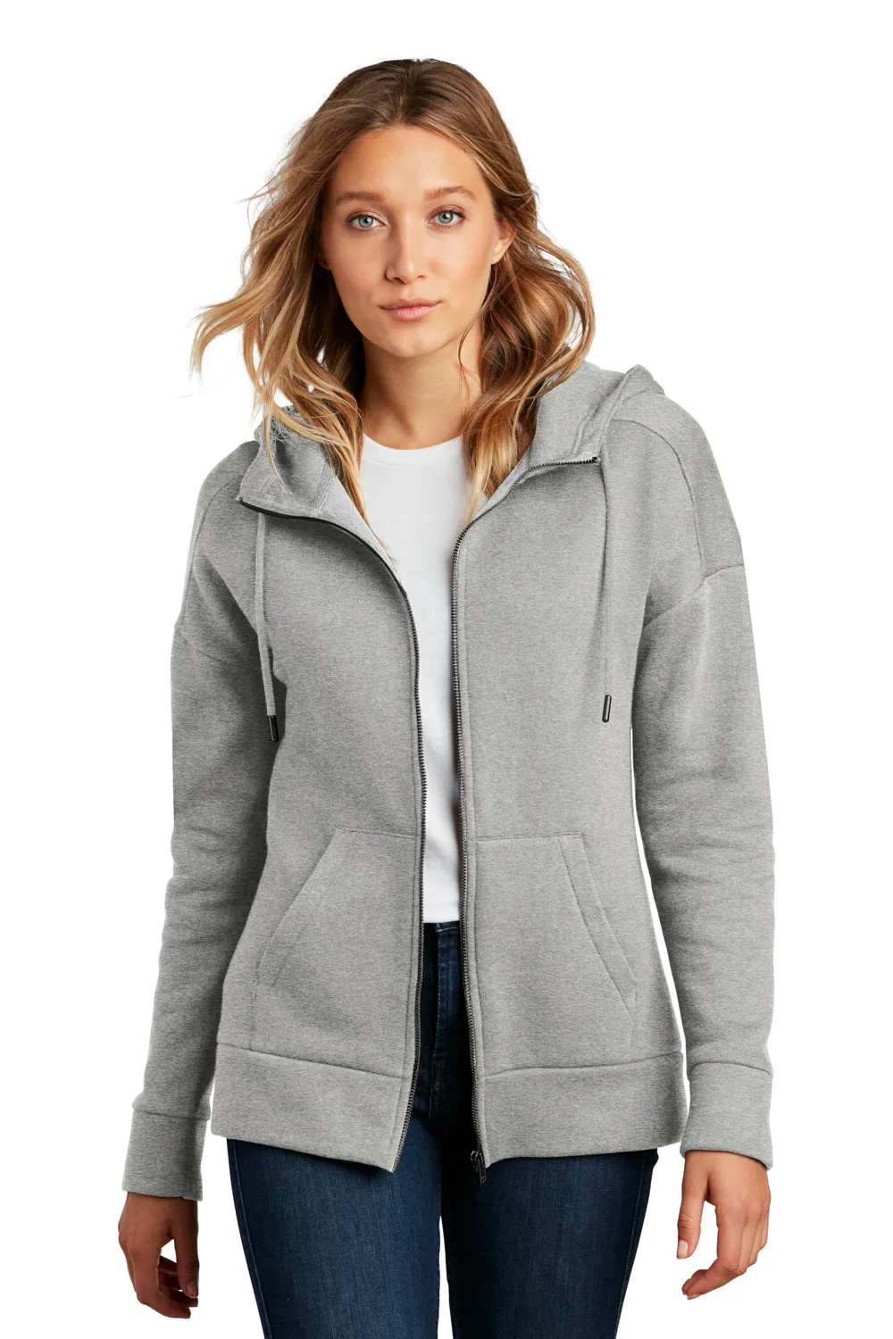 District Damen Perfektes Gewicht Fleece Full-Zip Kapuzenpullover Hoodie mit Taschen - Heather Stahlgrau