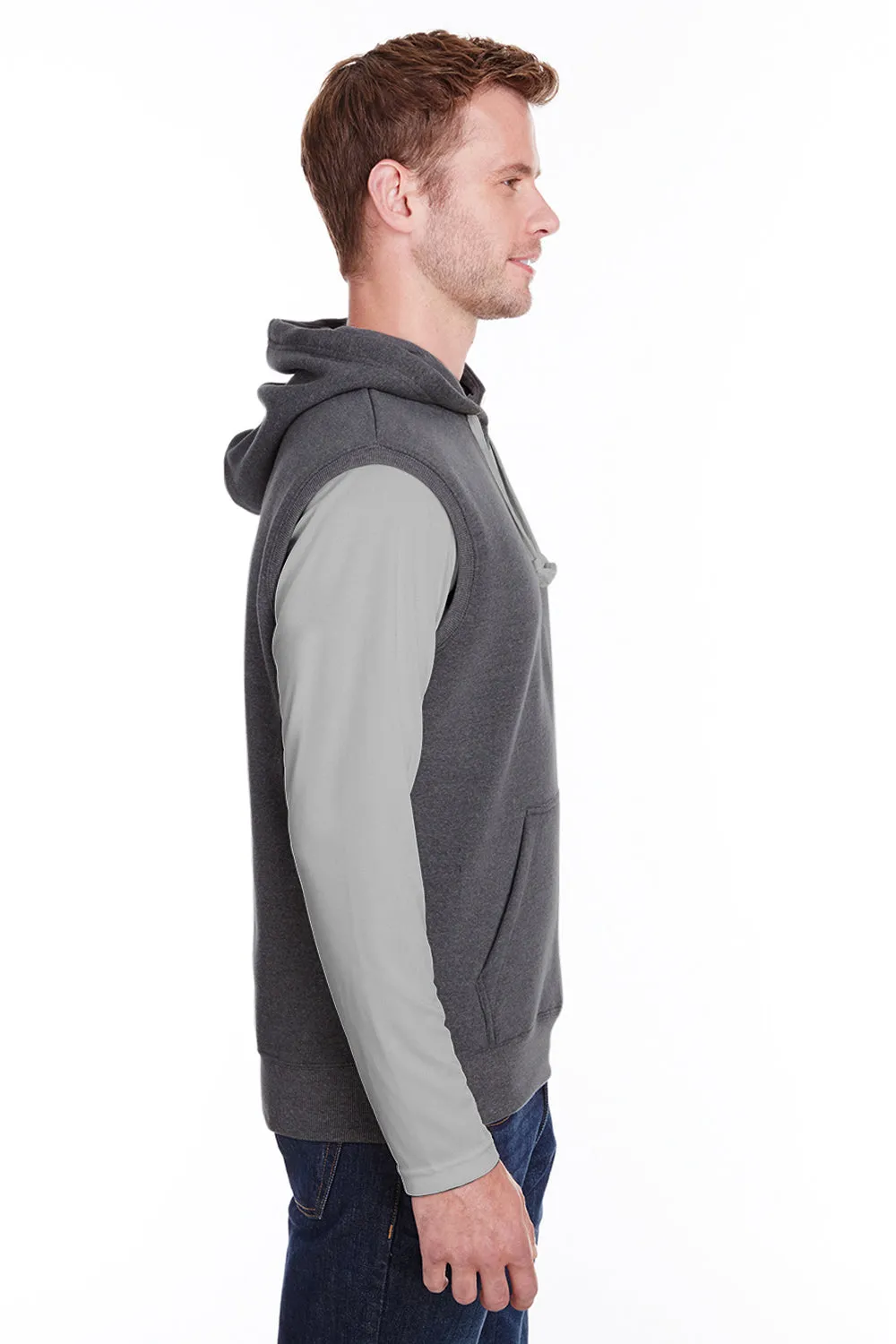J America Herren Fleece ärmellose Kapuzenpullover Hoodie mit Beuteltasche - Schwarz Triblend