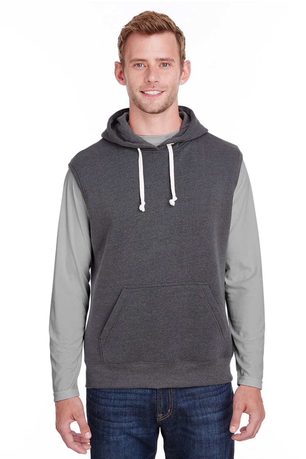 J America Herren Fleece ärmellose Kapuzenpullover Hoodie mit Beuteltasche - Schwarz Triblend