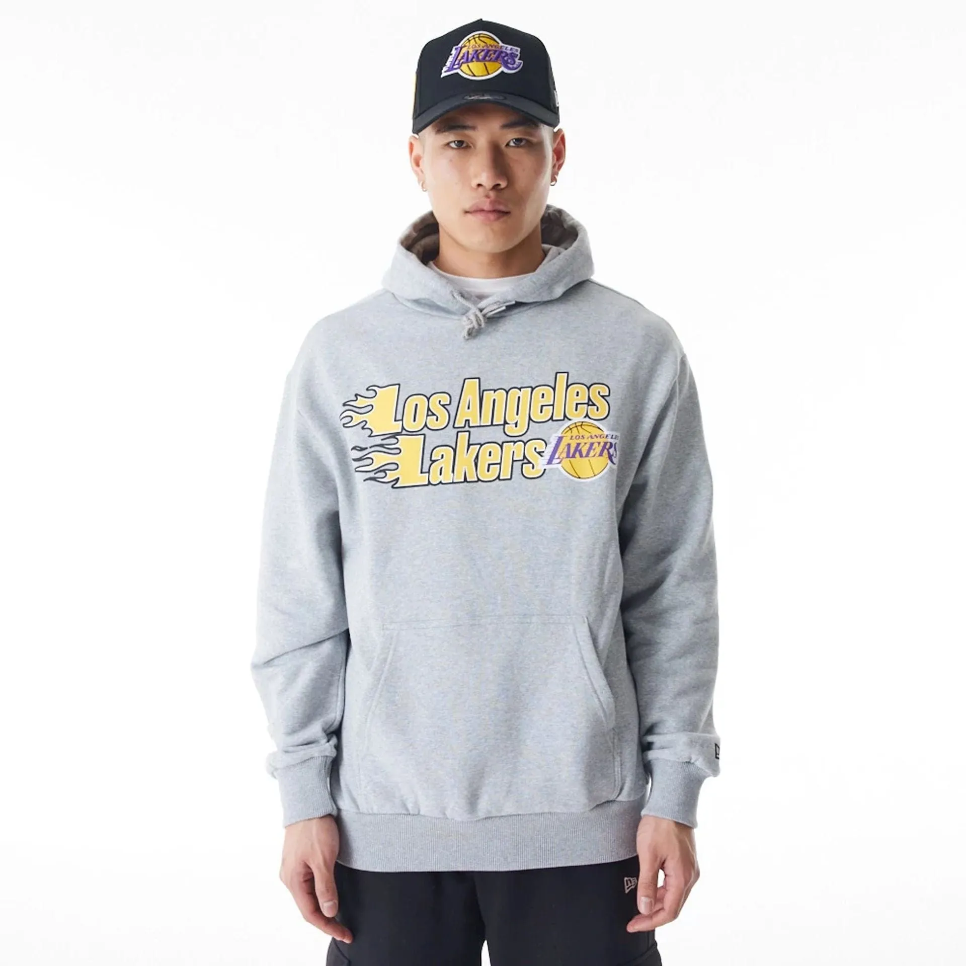 New Era Sweatshirts und Hoodies LA Lakers NBA Flammenprint Grau Übergroßer Pullover Hoodie
