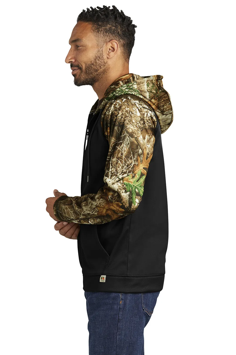 Russell Outdoors Herren Realtree Colorblock Feuchtigkeitstransportierender Full-Zip Kapuzenpullover mit Taschen - Schwarz/Realtree Edge Camo
