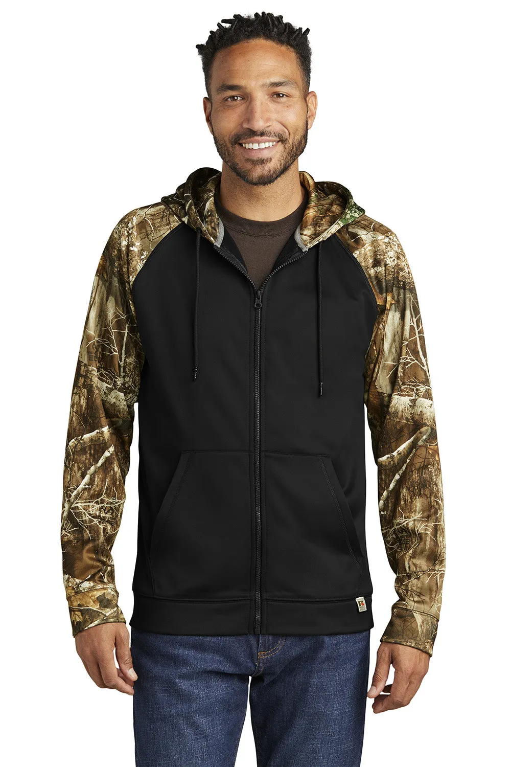 Russell Outdoors Herren Realtree Colorblock Feuchtigkeitstransportierender Full-Zip Kapuzenpullover mit Taschen - Schwarz/Realtree Edge Camo