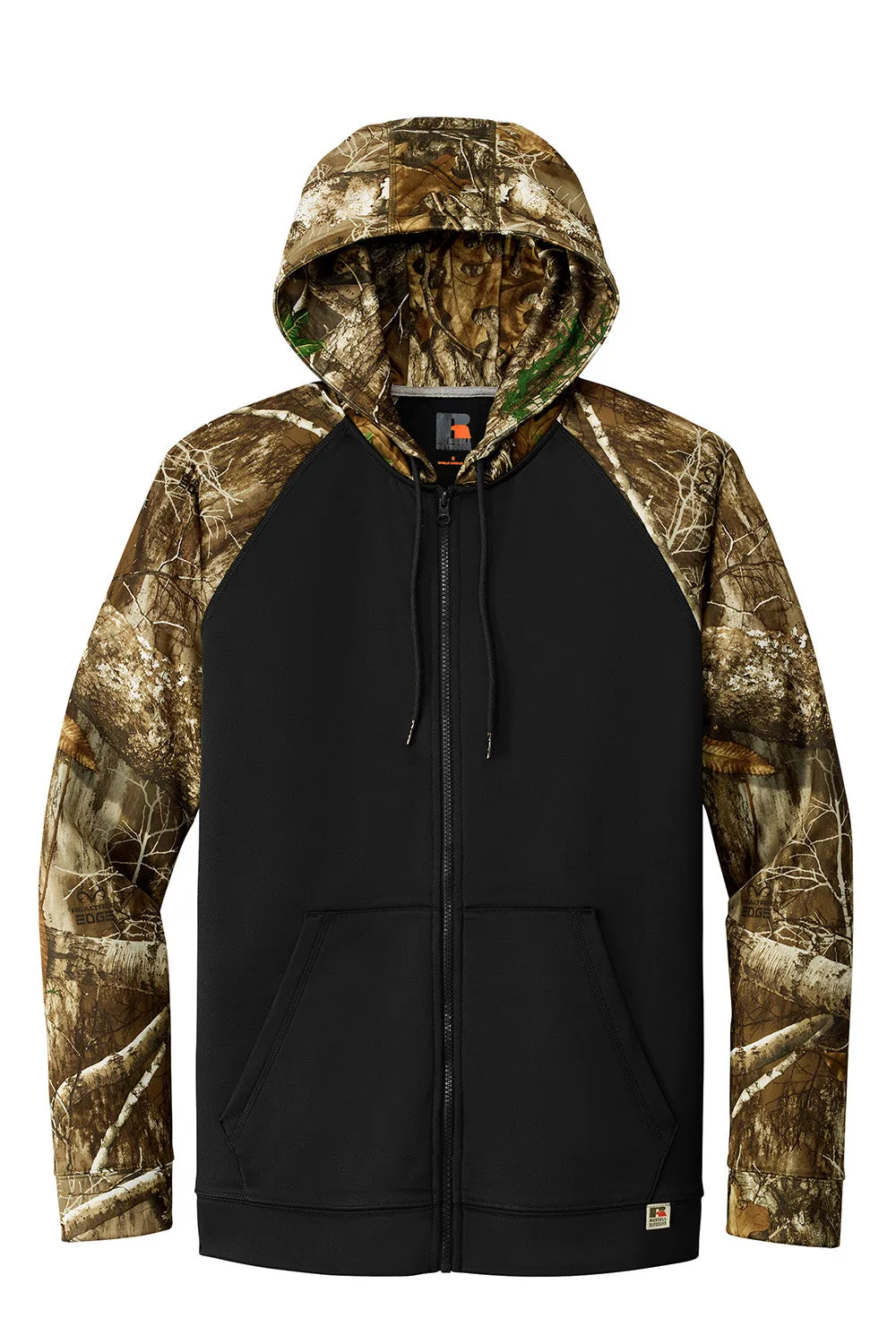 Russell Outdoors Herren Realtree Colorblock Feuchtigkeitstransportierender Full-Zip Kapuzenpullover mit Taschen - Schwarz/Realtree Edge Camo