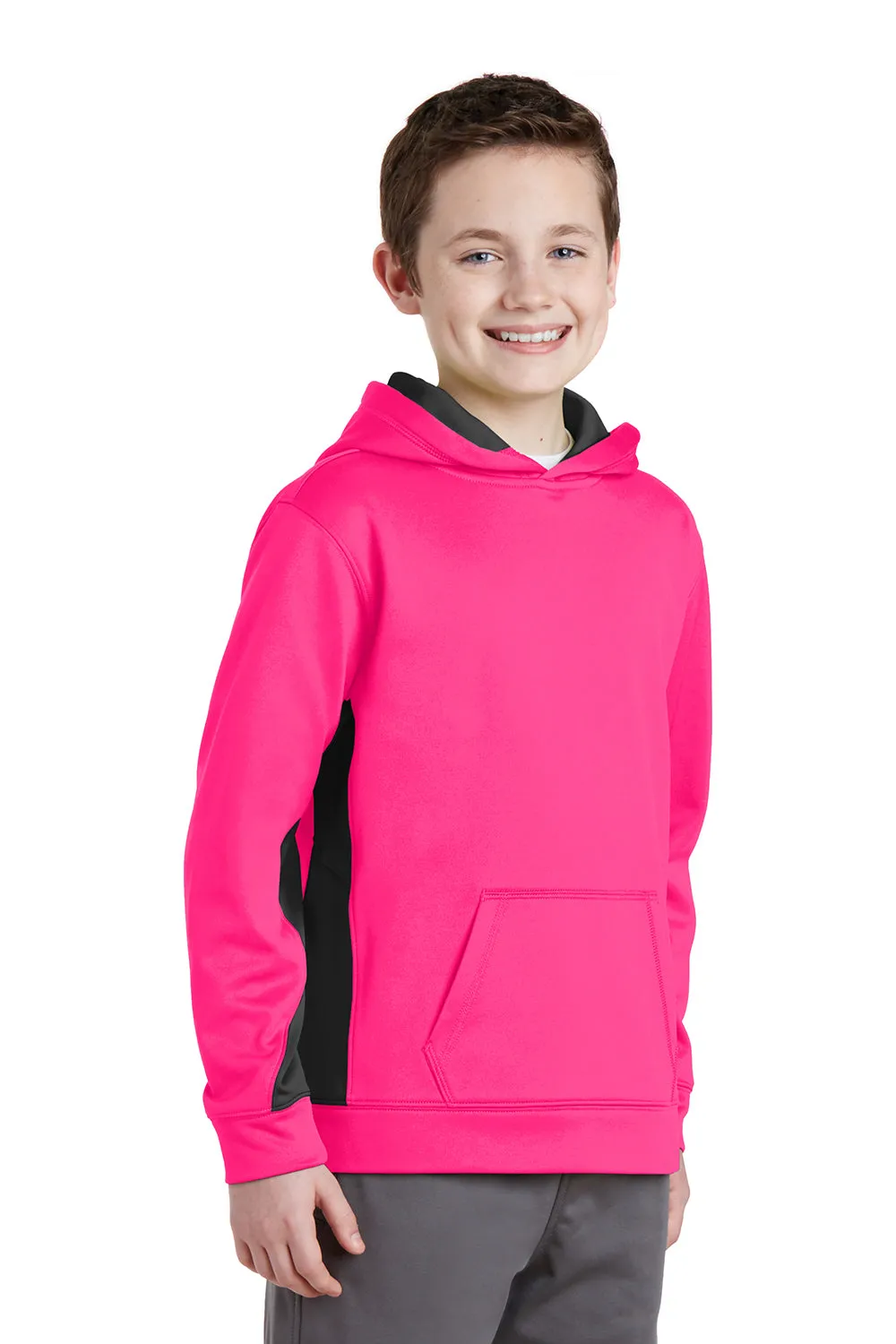 Sport-Tek Jugend-Sport-Fleece-Pullover mit Kapuze und Kangaroo-Tasche - Neon Pink/Schwarz - Auslaufmodell