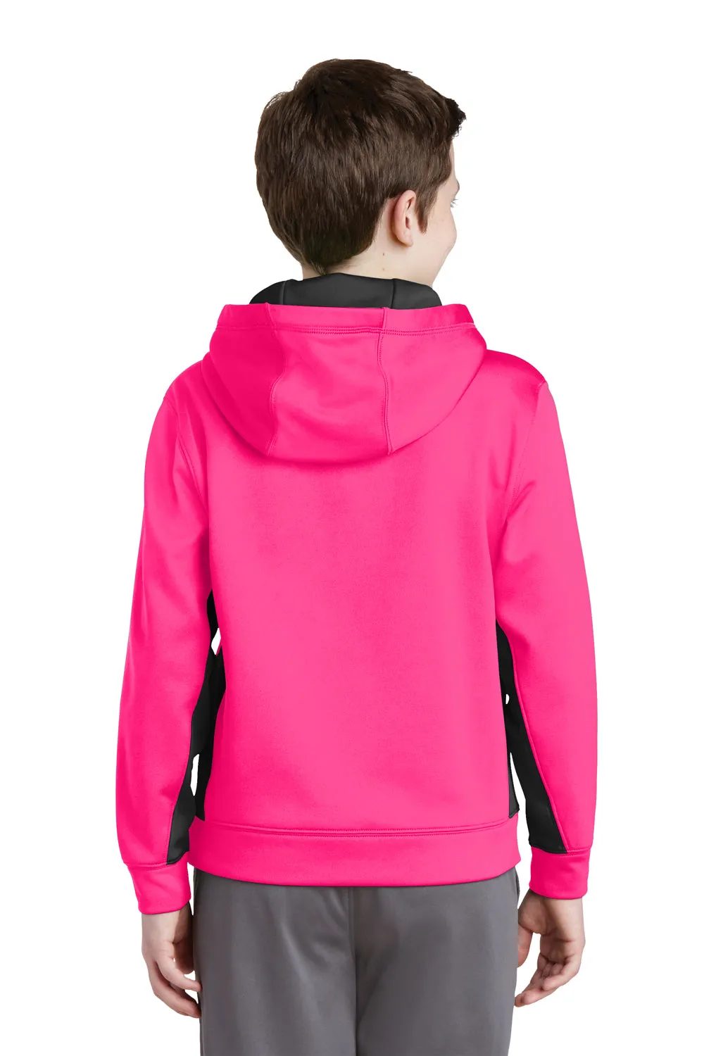 Sport-Tek Jugend-Sport-Fleece-Pullover mit Kapuze und Kangaroo-Tasche - Neon Pink/Schwarz - Auslaufmodell