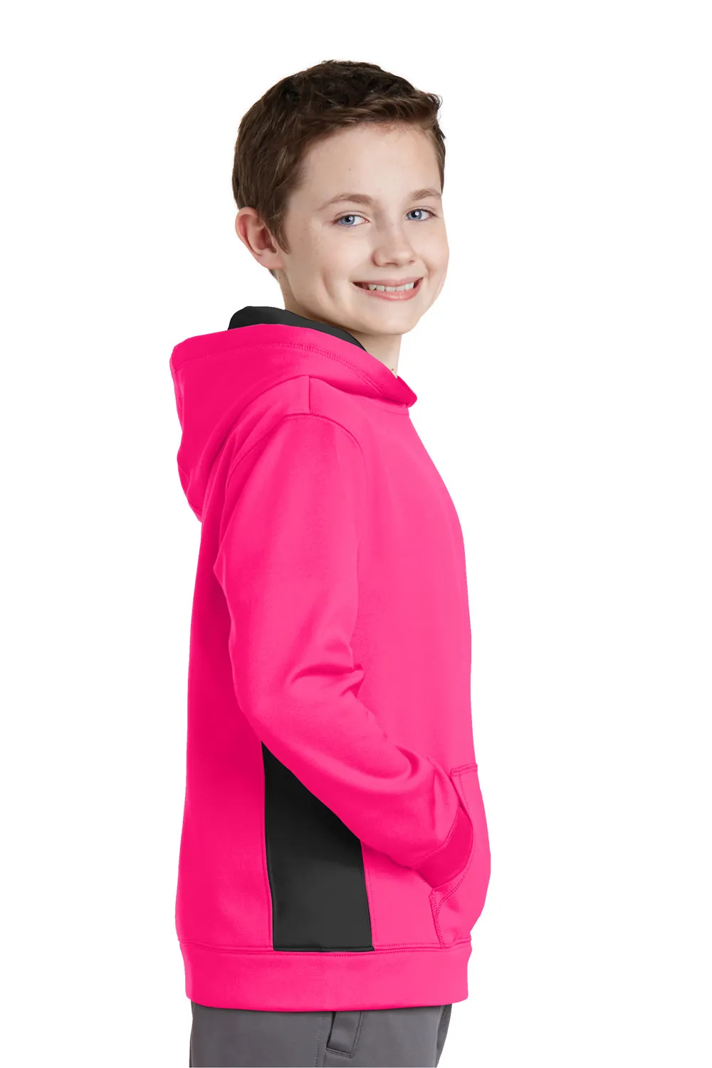 Sport-Tek Jugend-Sport-Fleece-Pullover mit Kapuze und Kangaroo-Tasche - Neon Pink/Schwarz - Auslaufmodell
