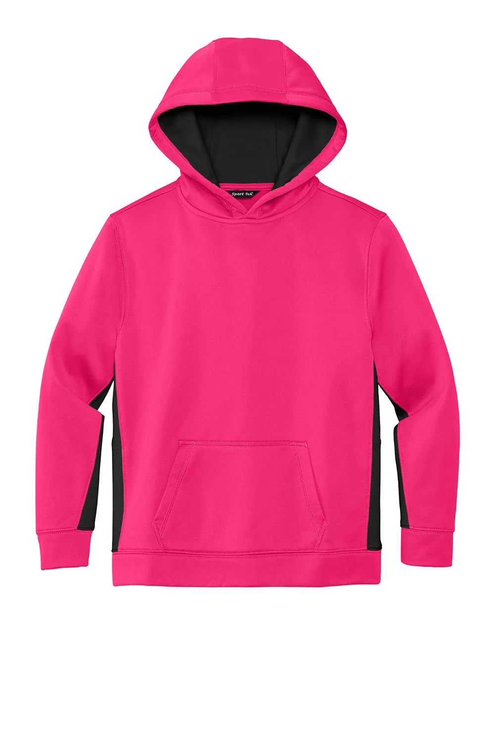 Sport-Tek Jugend-Sport-Fleece-Pullover mit Kapuze und Kangaroo-Tasche - Neon Pink/Schwarz - Auslaufmodell