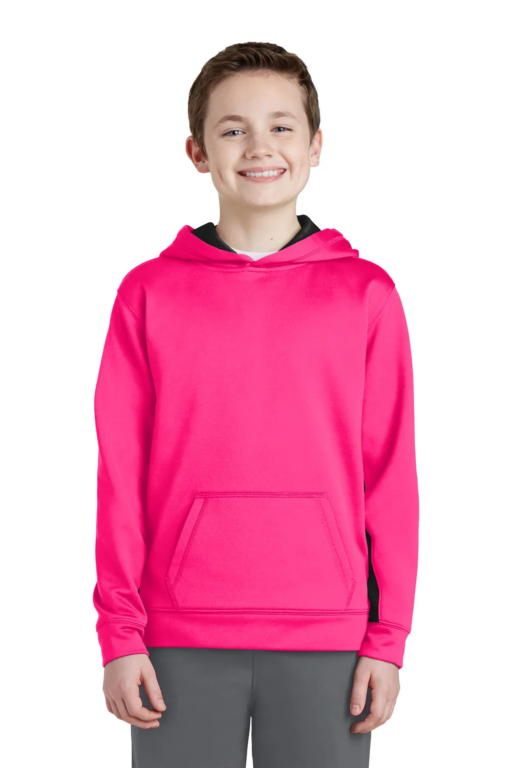 Sport-Tek Jugend-Sport-Fleece-Pullover mit Kapuze und Kangaroo-Tasche - Neon Pink/Schwarz - Auslaufmodell