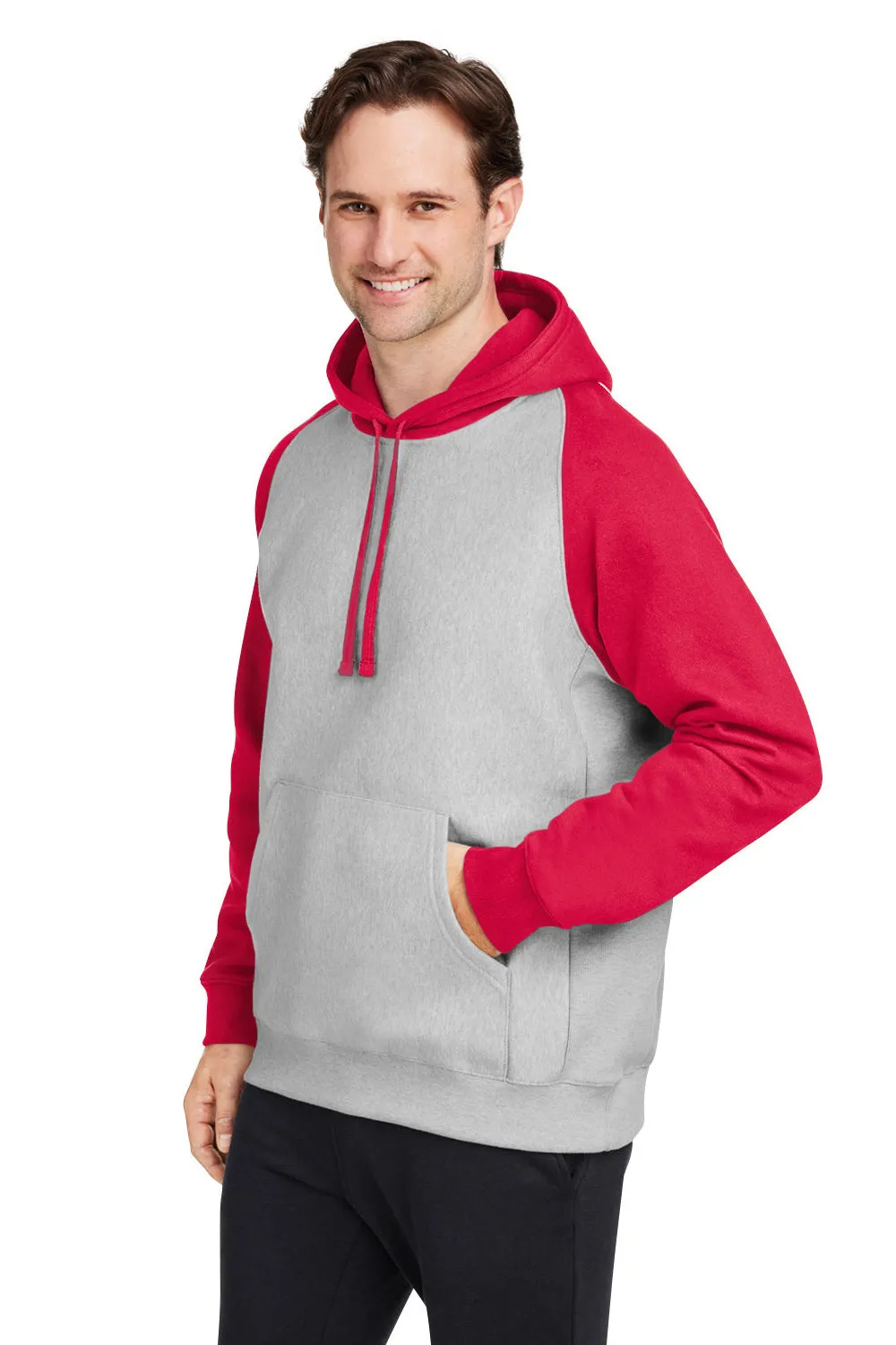 Team 365 Herren Zone HydroSport wasserabweisende Colorblock Kapuzenpullover Hoodie mit Kangaroo-Tasche - Heather Grau/Rot