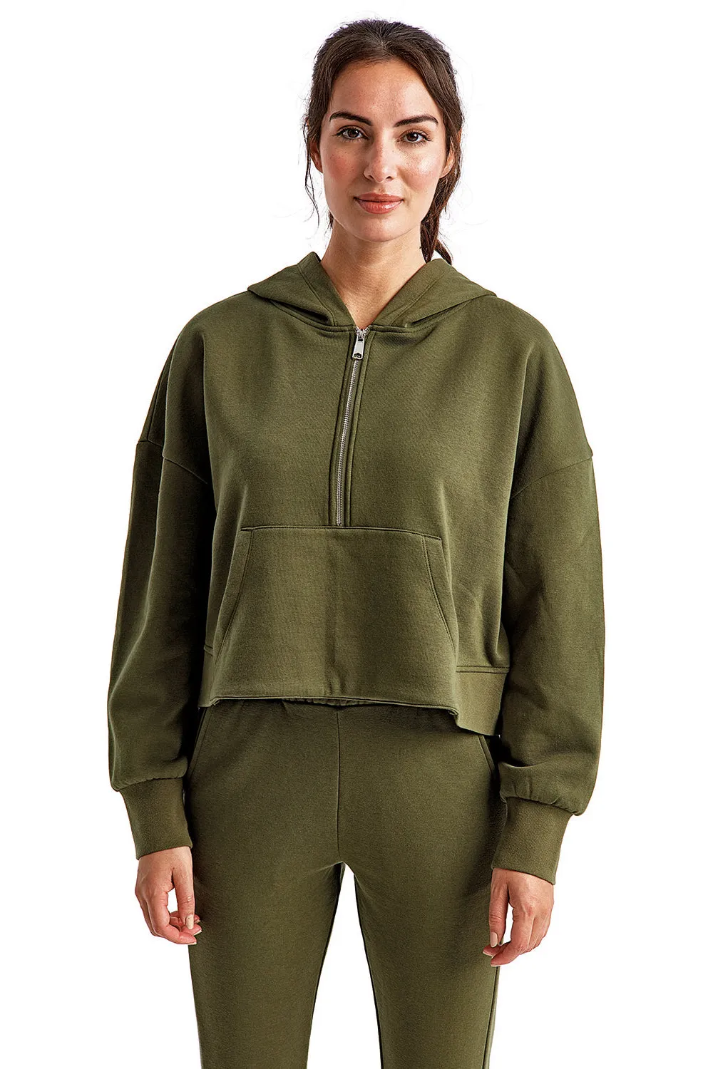 TriDri Damen Alice Kapuzenpullover mit 1/4 Reißverschluss und Kangaroo-Tasche - Olivgrün