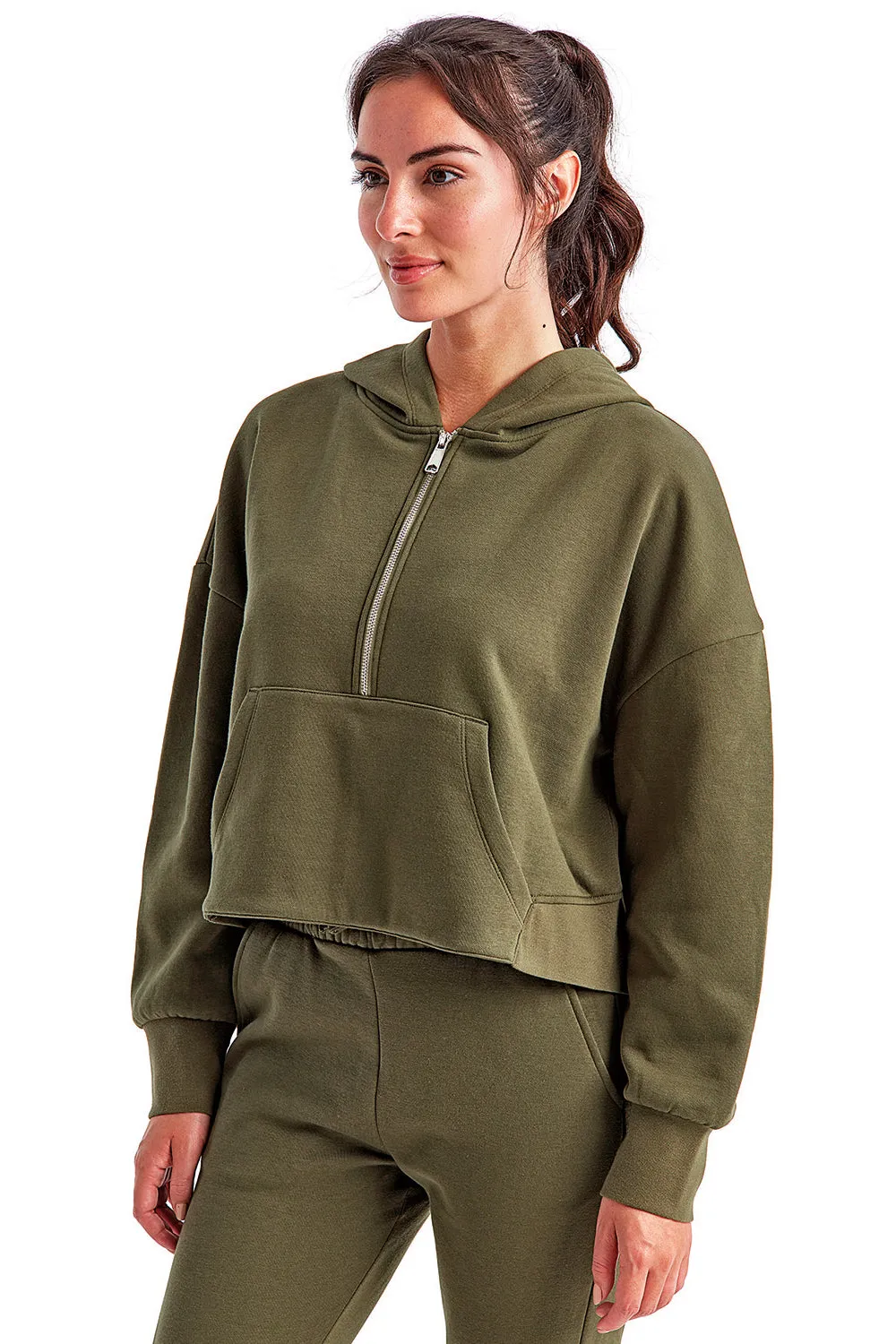 TriDri Damen Alice Kapuzenpullover mit 1/4 Reißverschluss und Kangaroo-Tasche - Olivgrün
