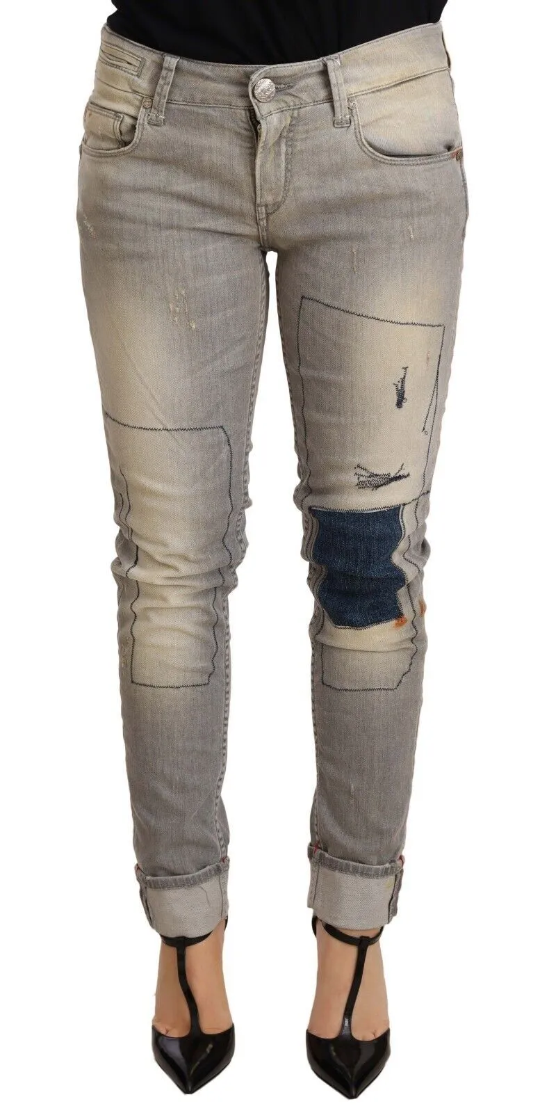 Acht Baumwoll-Slim Fit Damenhose mit umgeschlagenem Saum in Blau