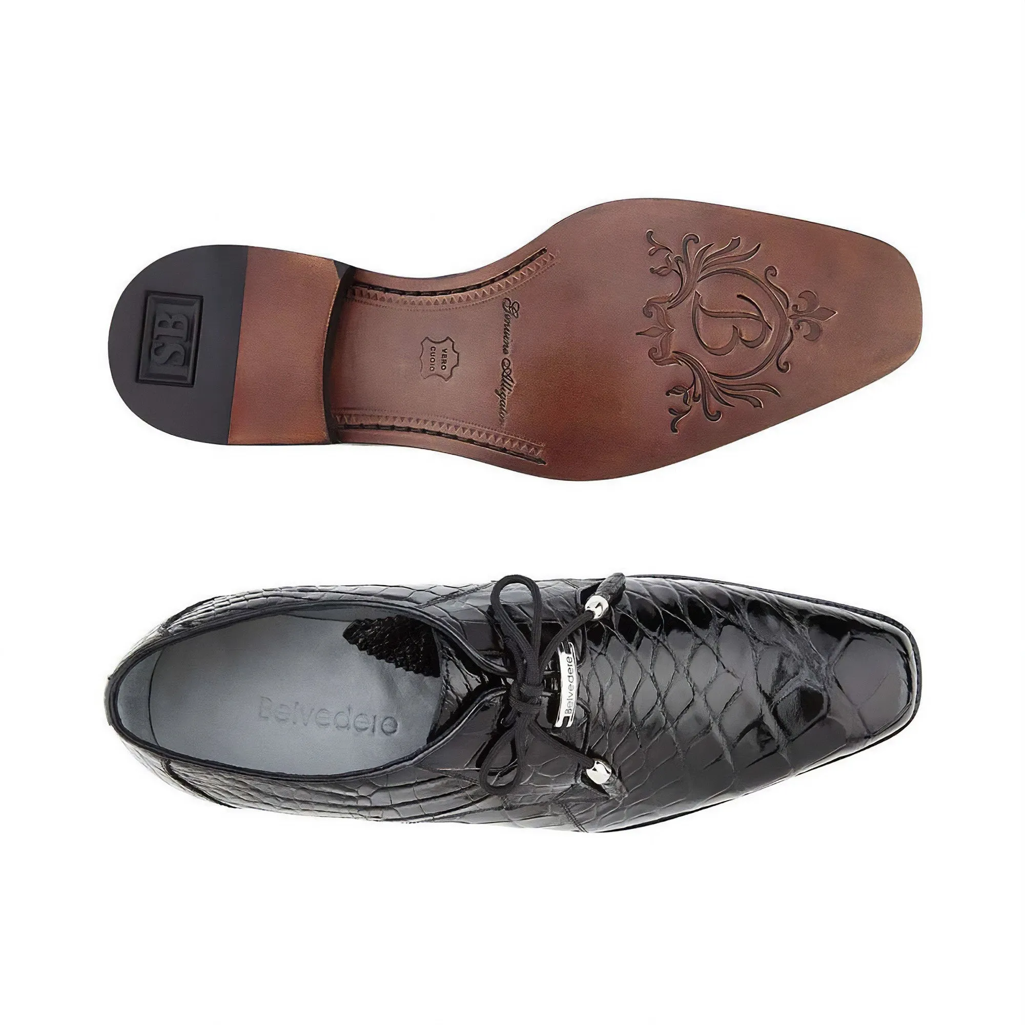 Belvedere Exotische Leder Schuhe Belvedere Lago in Schwarz Echter Alligator Oxfords