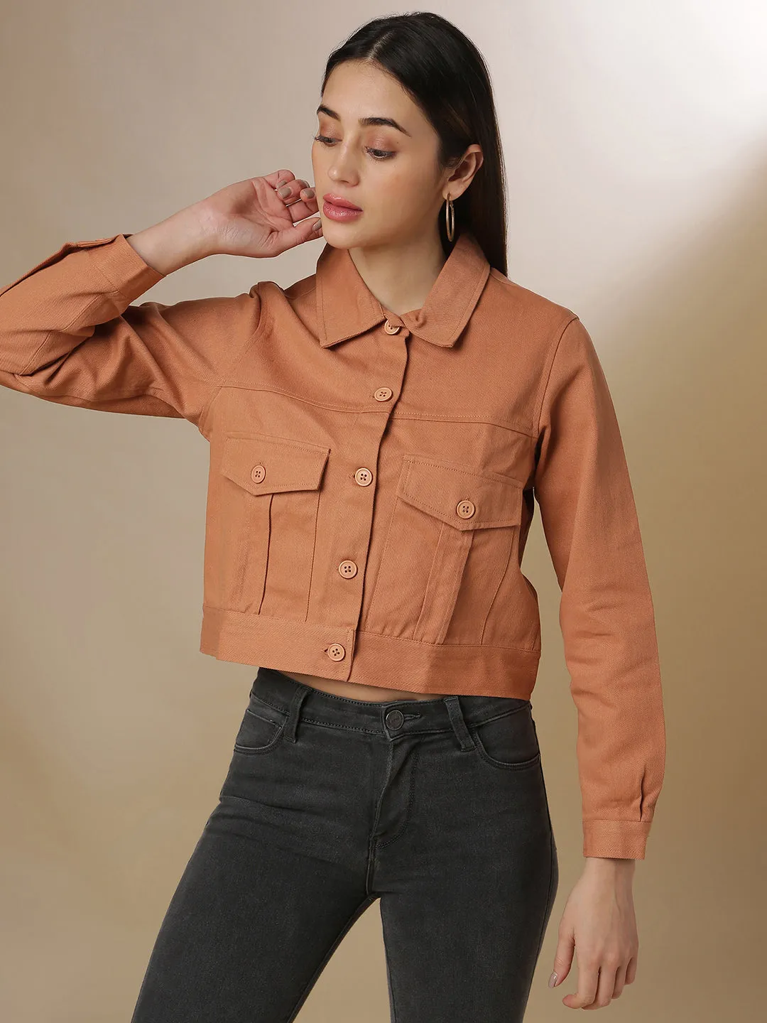 Campus Sutra Damen Solide Stilvolle Casual Denim Jacke