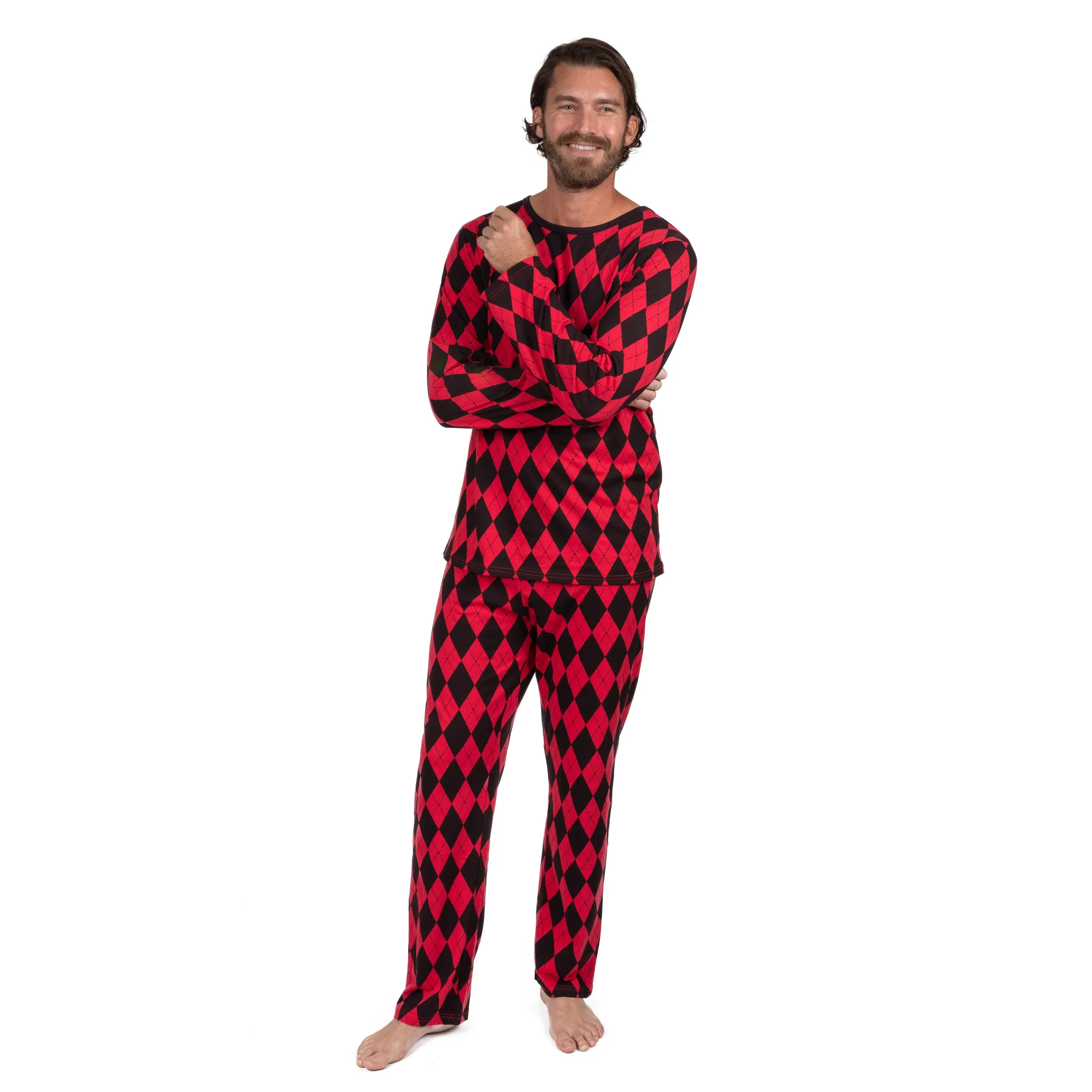 Weihnachts-Pyjama für Herren aus Baumwolle, Zweiteiler, locker sitzend, Argyle-Muster