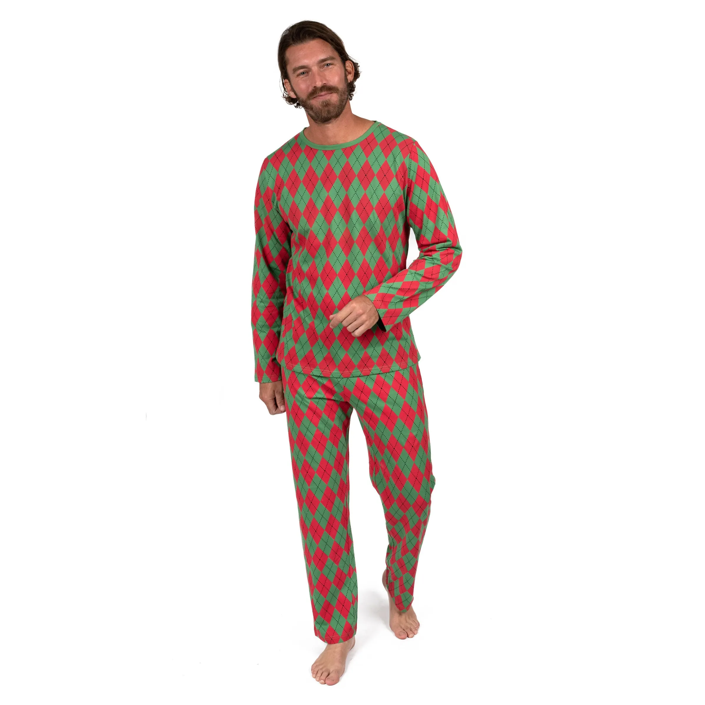 Weihnachts-Pyjama für Herren aus Baumwolle, Zweiteiler, locker sitzend, Argyle-Muster