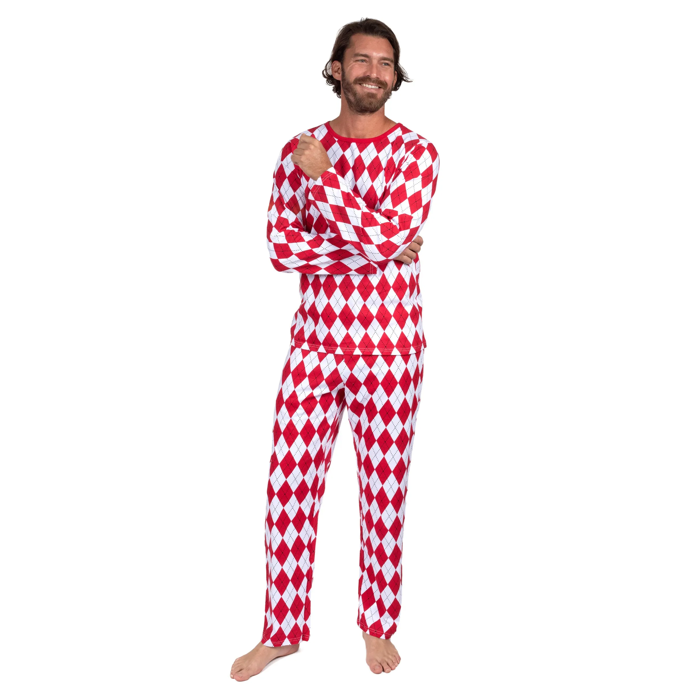 Weihnachts-Pyjama für Herren aus Baumwolle, Zweiteiler, locker sitzend, Argyle-Muster