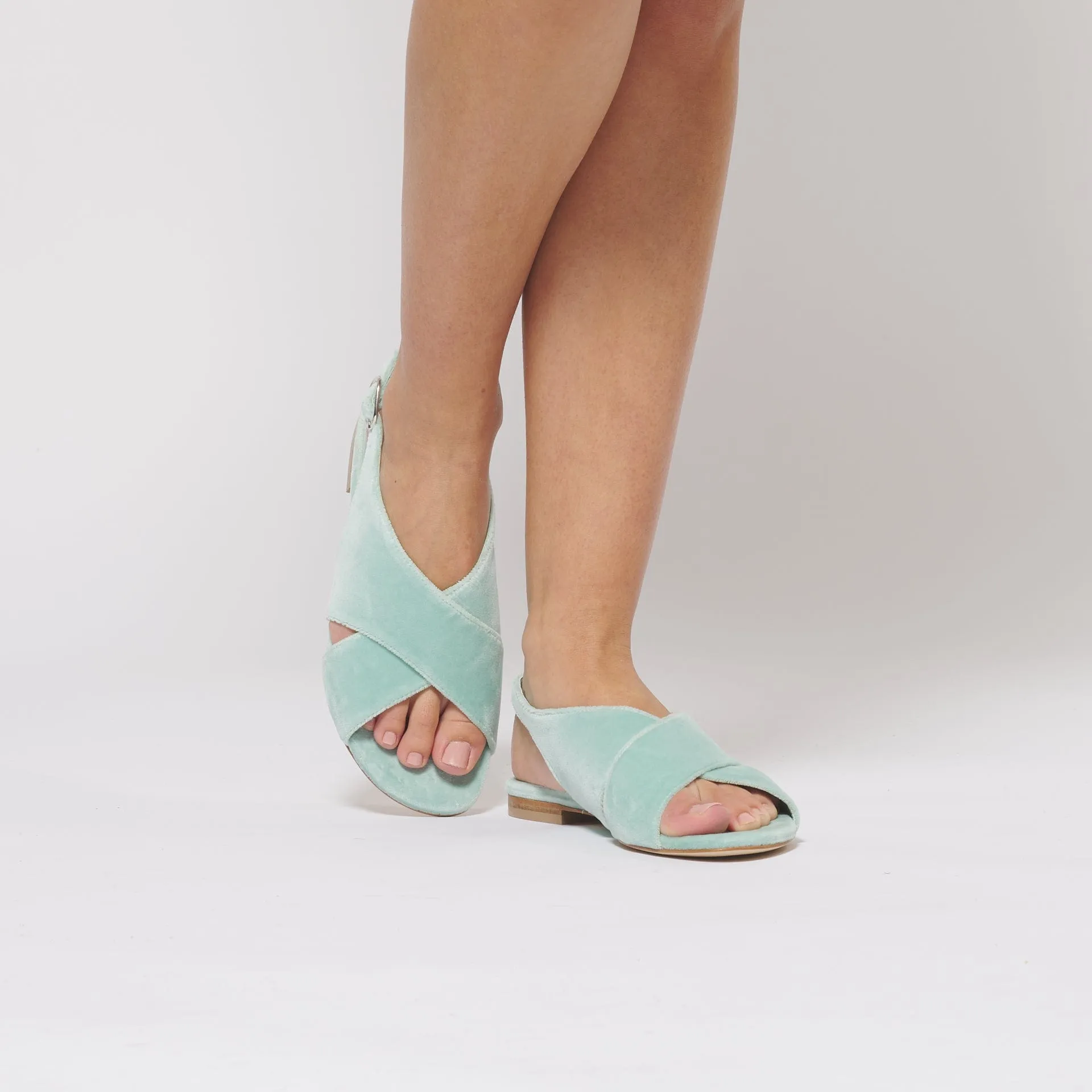 Baumwoll-Samt Vegane Crossover Slingback Sandalen | Giada Blau