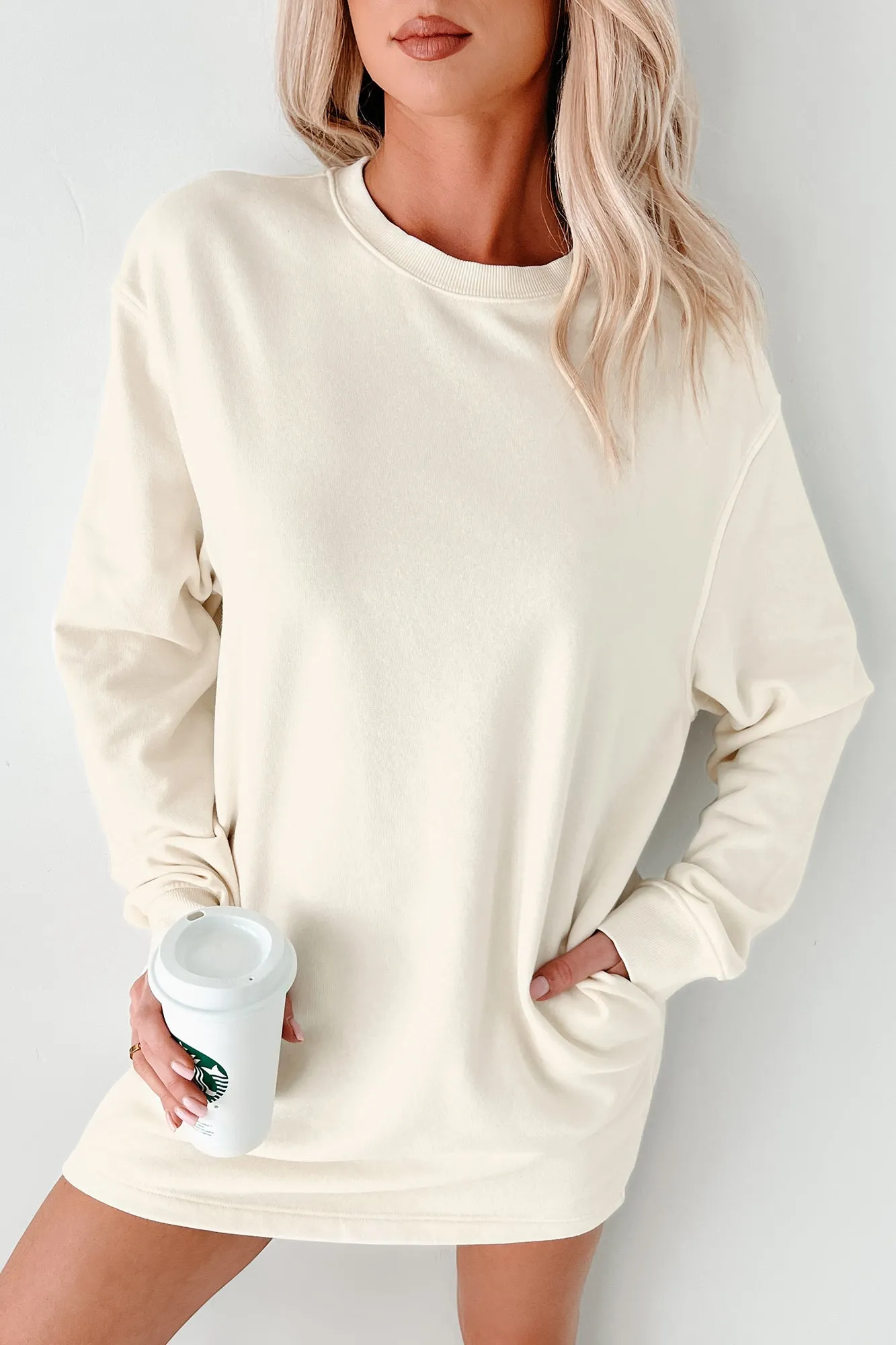 Essentiell bequemes übergroßes Sweatshirt-Kleid (Creme)
