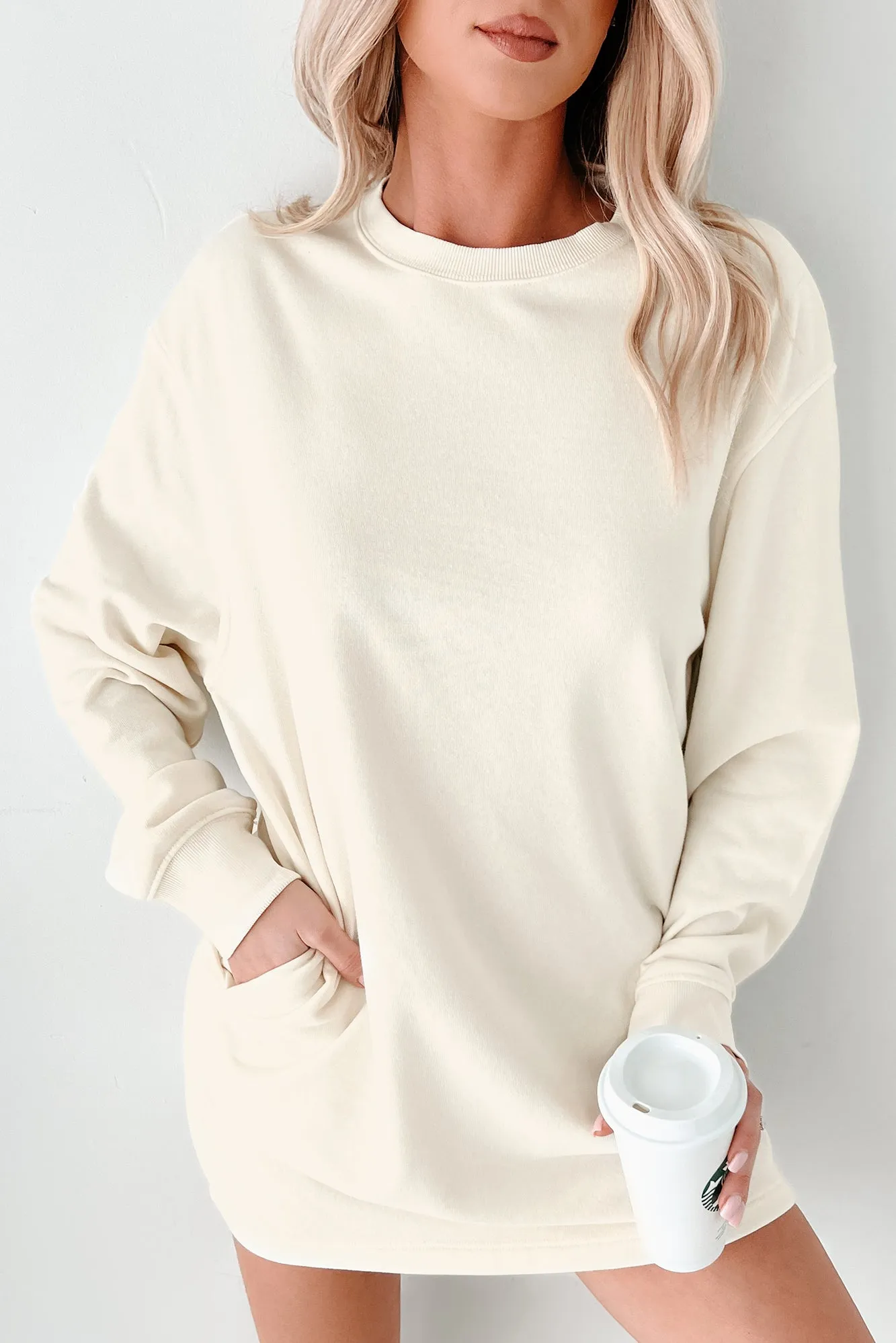 Essentiell bequemes übergroßes Sweatshirt-Kleid (Creme)