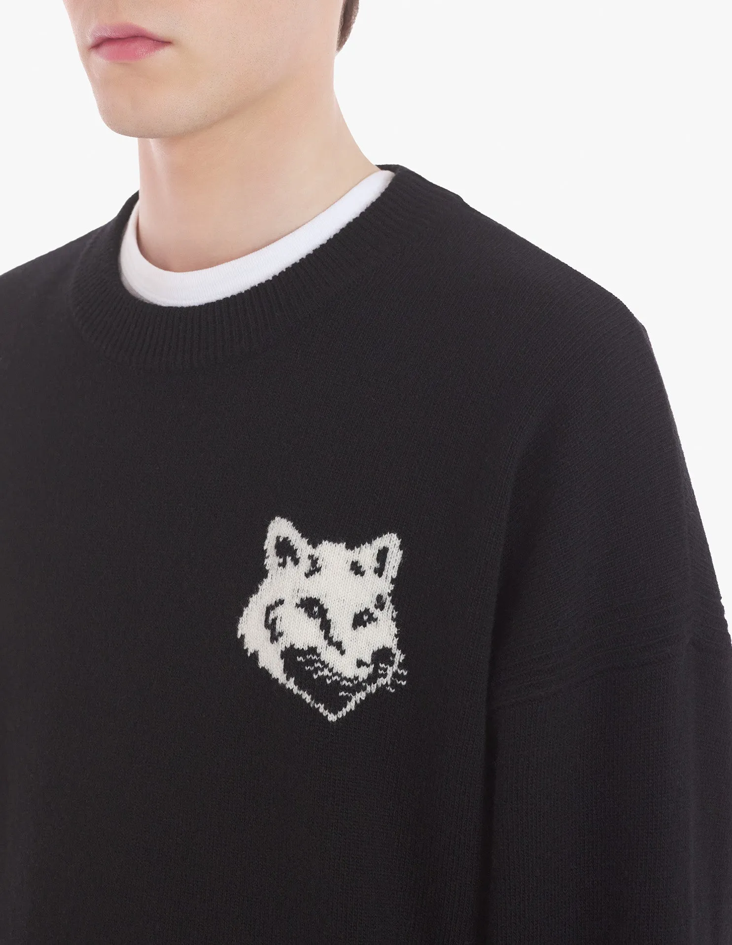 Fox Head Intarsia Comfort Pullover Schwarz