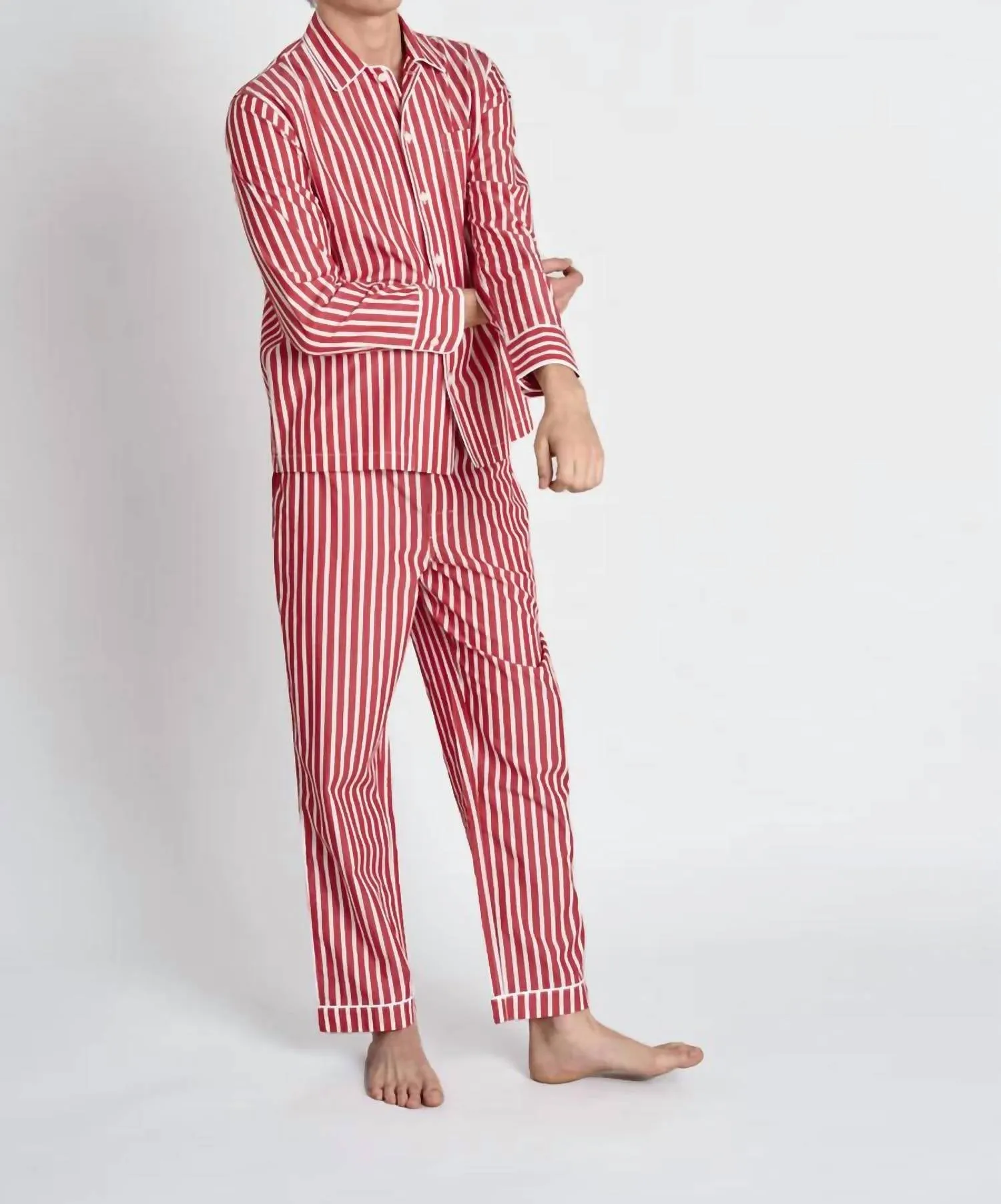 Herren-Henry-Pyjama-Set in rot-weißer Breton-Streifen-Optik