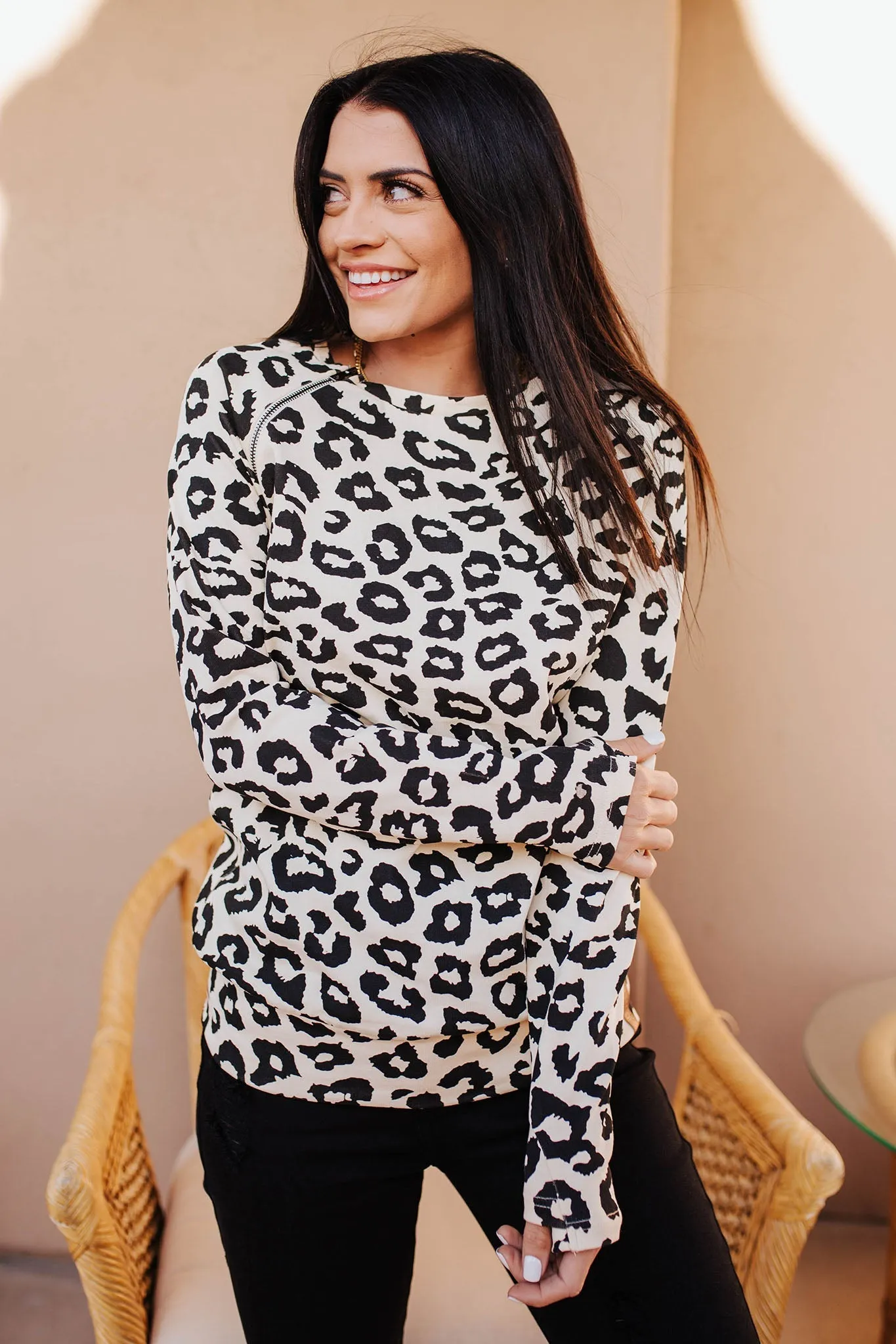 Pullover Sweatshirt - Beige Leopardenmuster mit Seitlichem Reißverschluss
