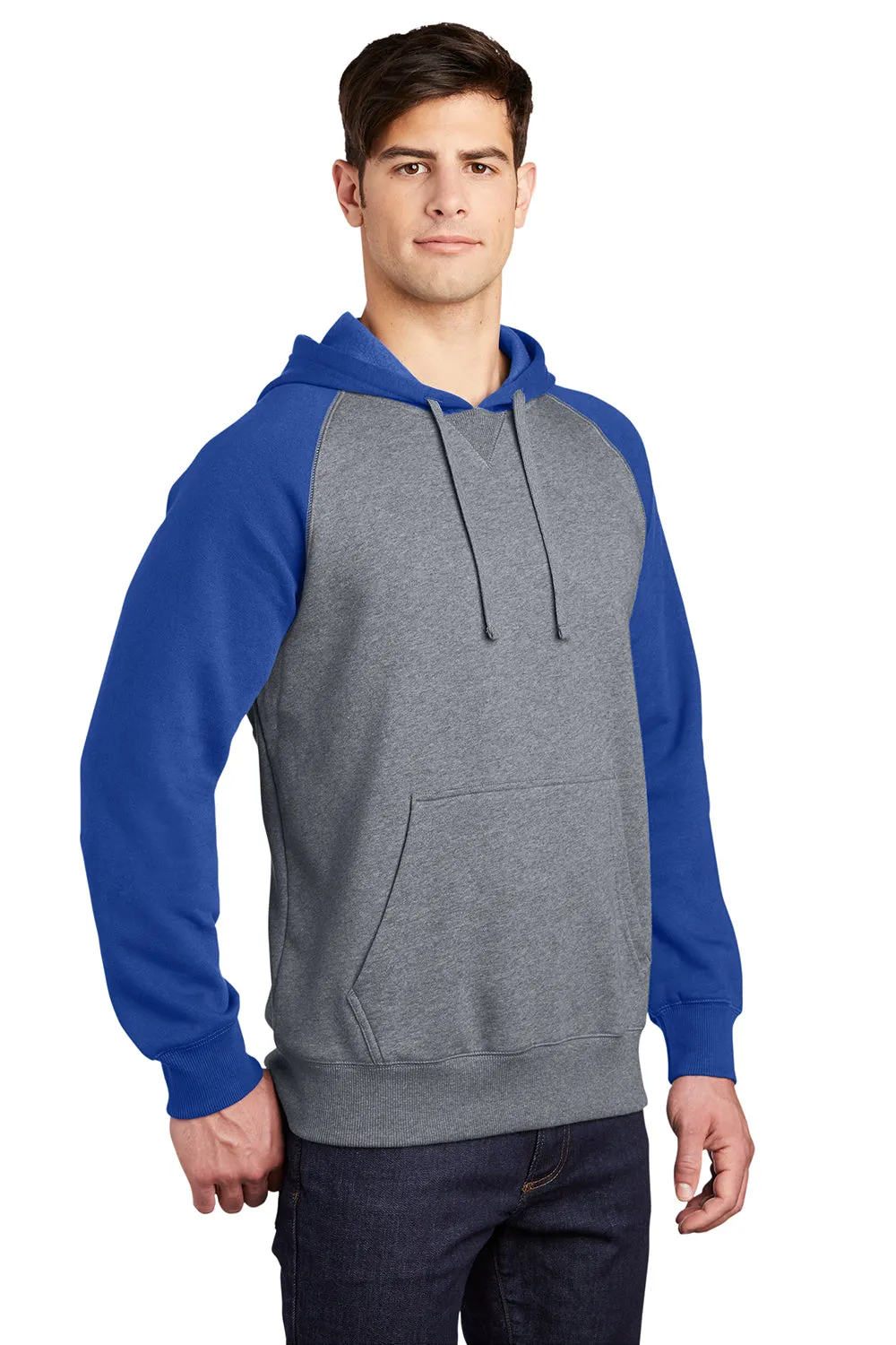 Sport-Tek Herren Fleece Kapuzenpullover mit Schrumpffestigkeit und Kangaroo-Tasche - Heather Vintage Grau/Echt Königsblau