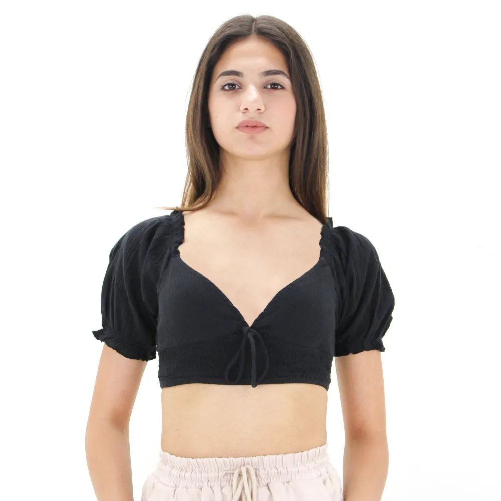Damen Baumwoll Rüschen Crop Top, Schwarz