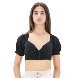 Damen Baumwoll Rüschen Crop Top, Schwarz