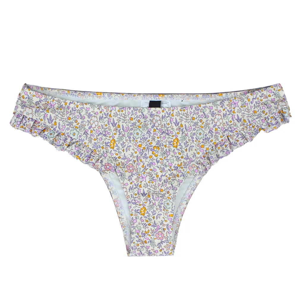 Damen-Bikiniunterteil mit Rüschenbund und Blumenmuster, Mehrfarbig
