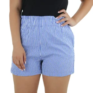 Damen-Hochwaist-Karierte Shorts, Indigo/Weiß
