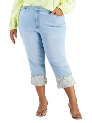 Damen-Spitzenmanschetten Zerrissene Cropped Jeans, Hellblau