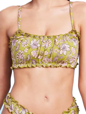 Damen-Bikini-Oberteil mit Rüschendetail und Blumenmuster, Grün