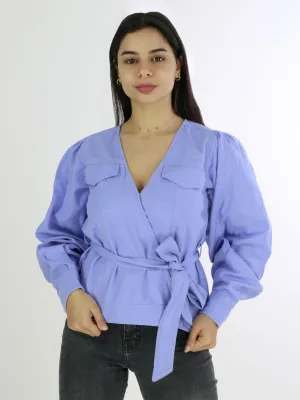 Damen V-Ausschnitt Bluse mit Druckknöpfen, Lila