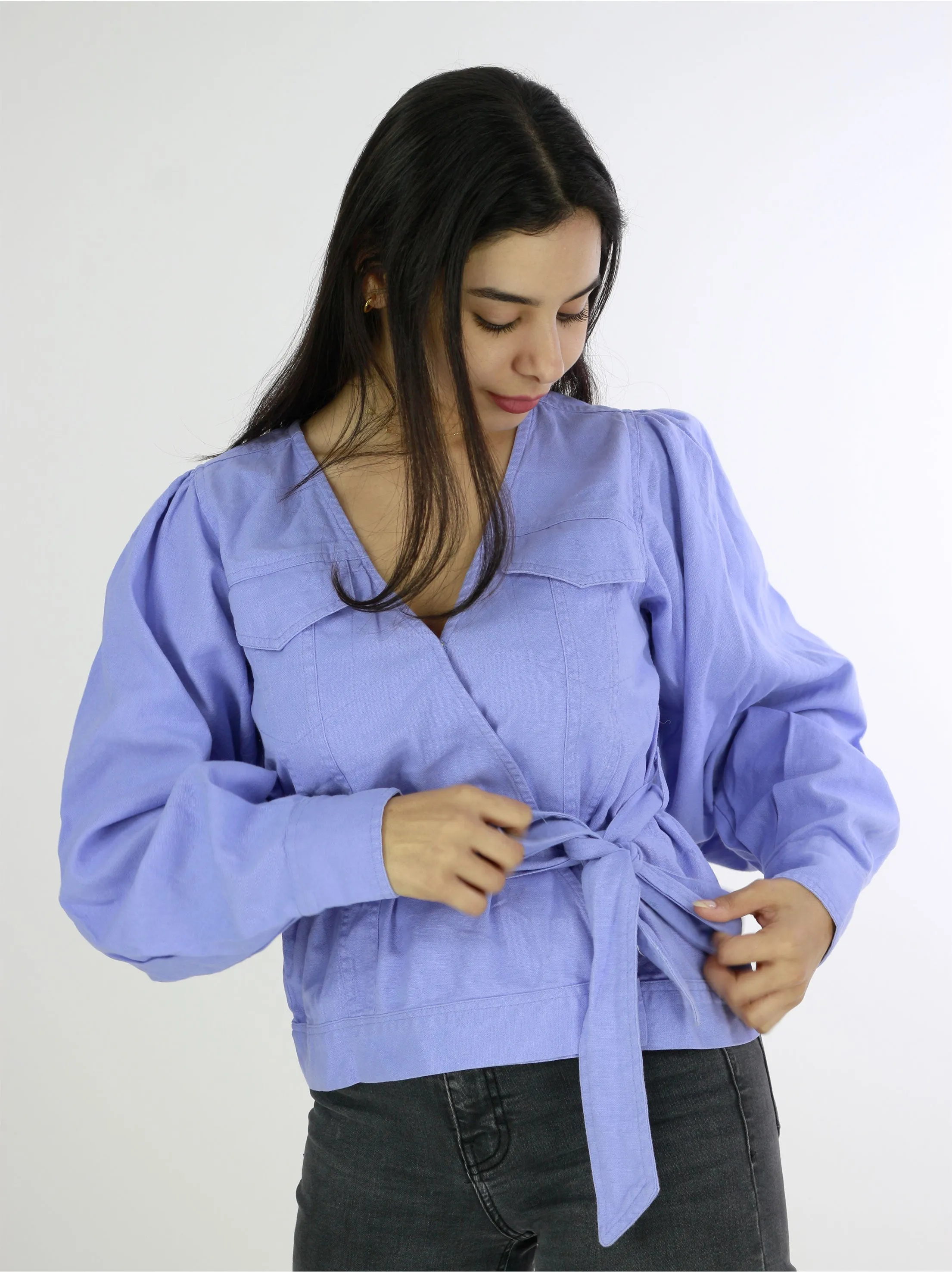 Damen V-Ausschnitt Bluse mit Druckknöpfen, Lila
