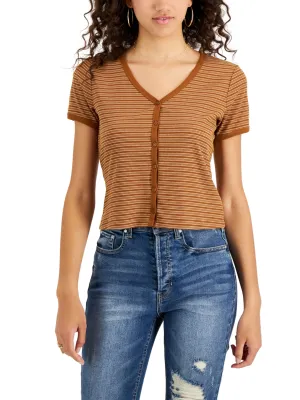 Damen gestreiftes Rippstrick-V-Ausschnitt-Shirt, Braun