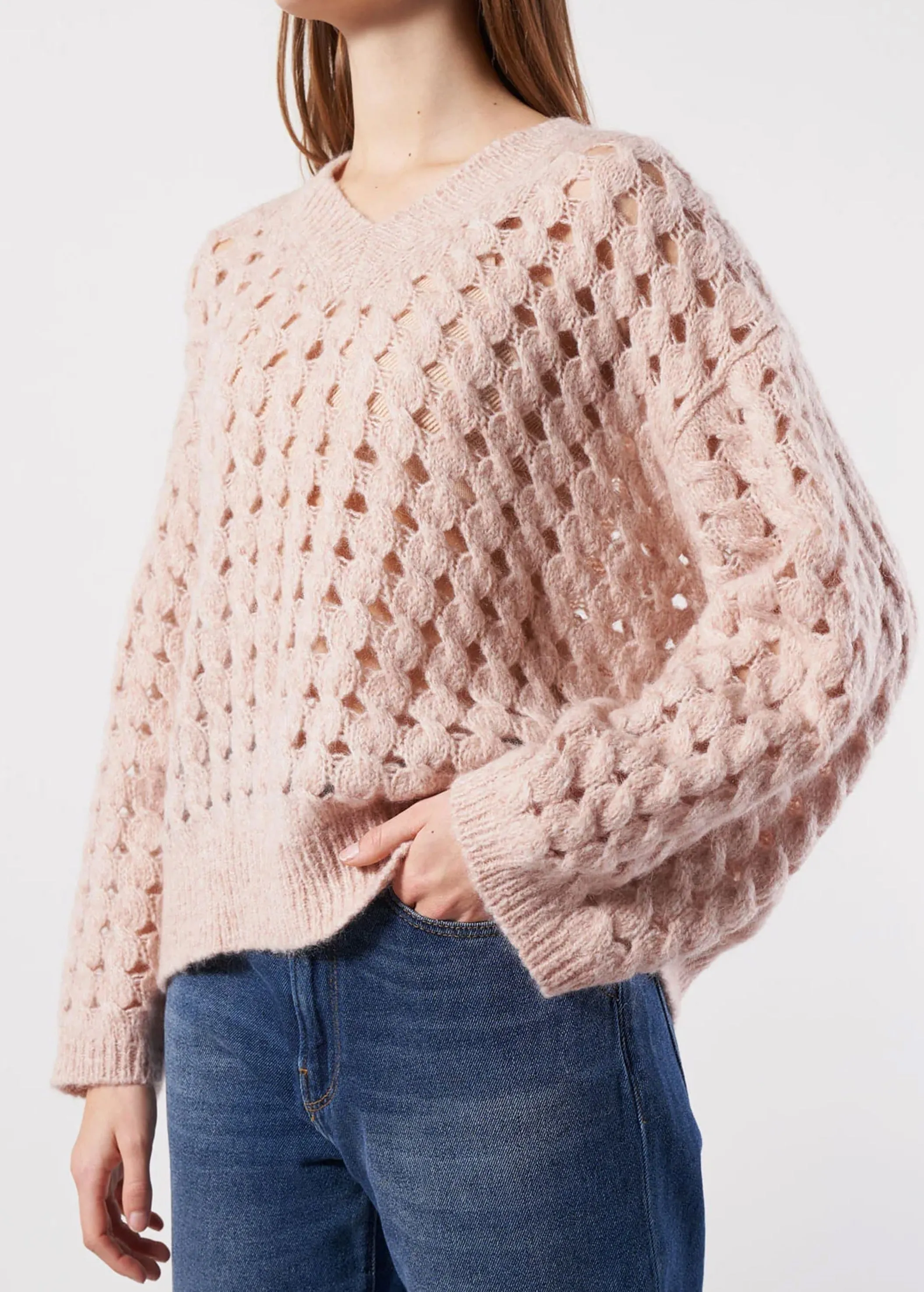 Damen Texturierter Offener Strickpullover, Hellpfirsich