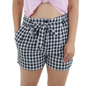 Damen-Kurzshorts mit Bindegürtel im Karo-Muster, Schwarz/Weiß