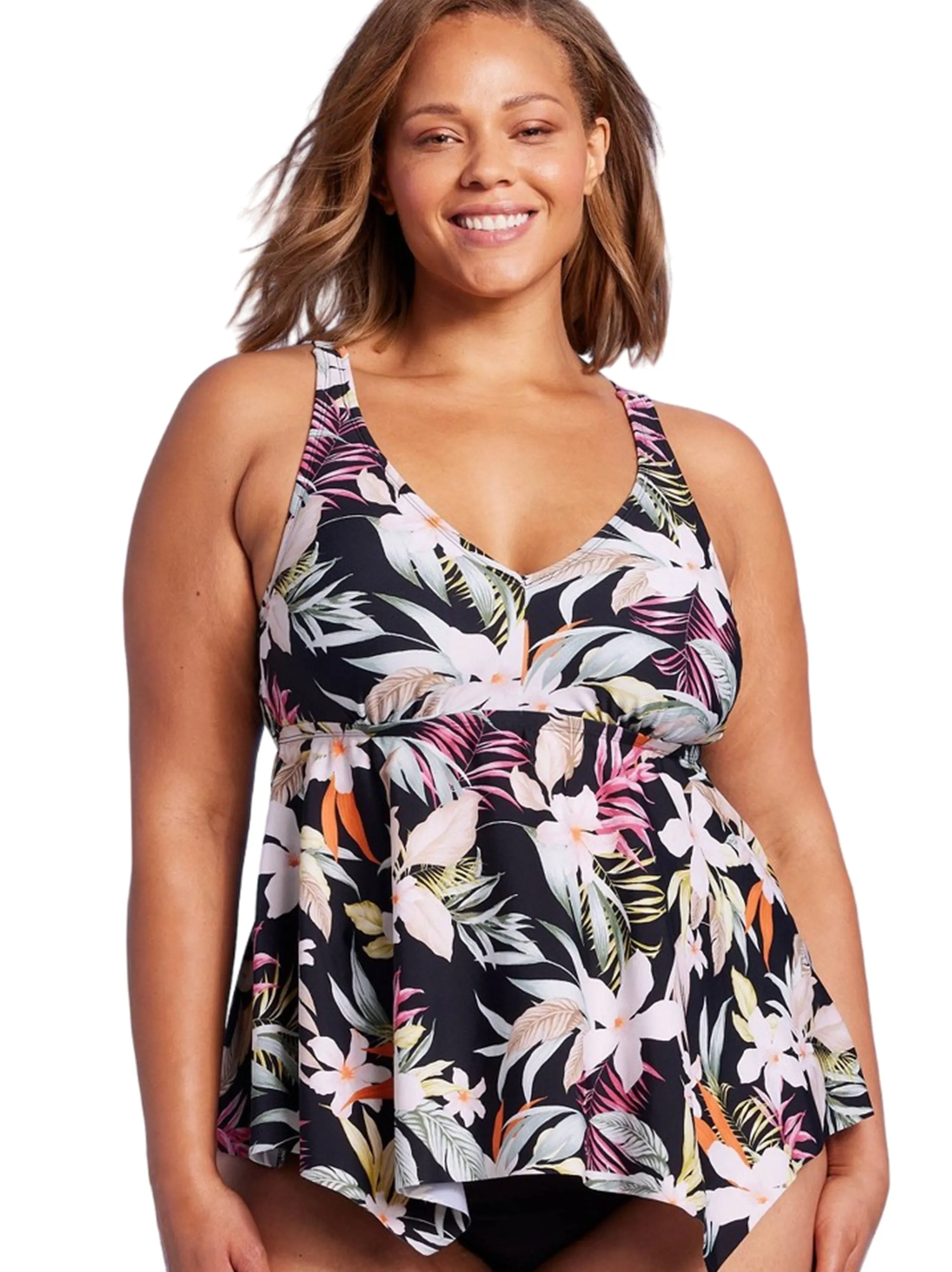 Damen V-Ausschnitt Träger-Rücken Blumen-Tankini Top, Schwarz