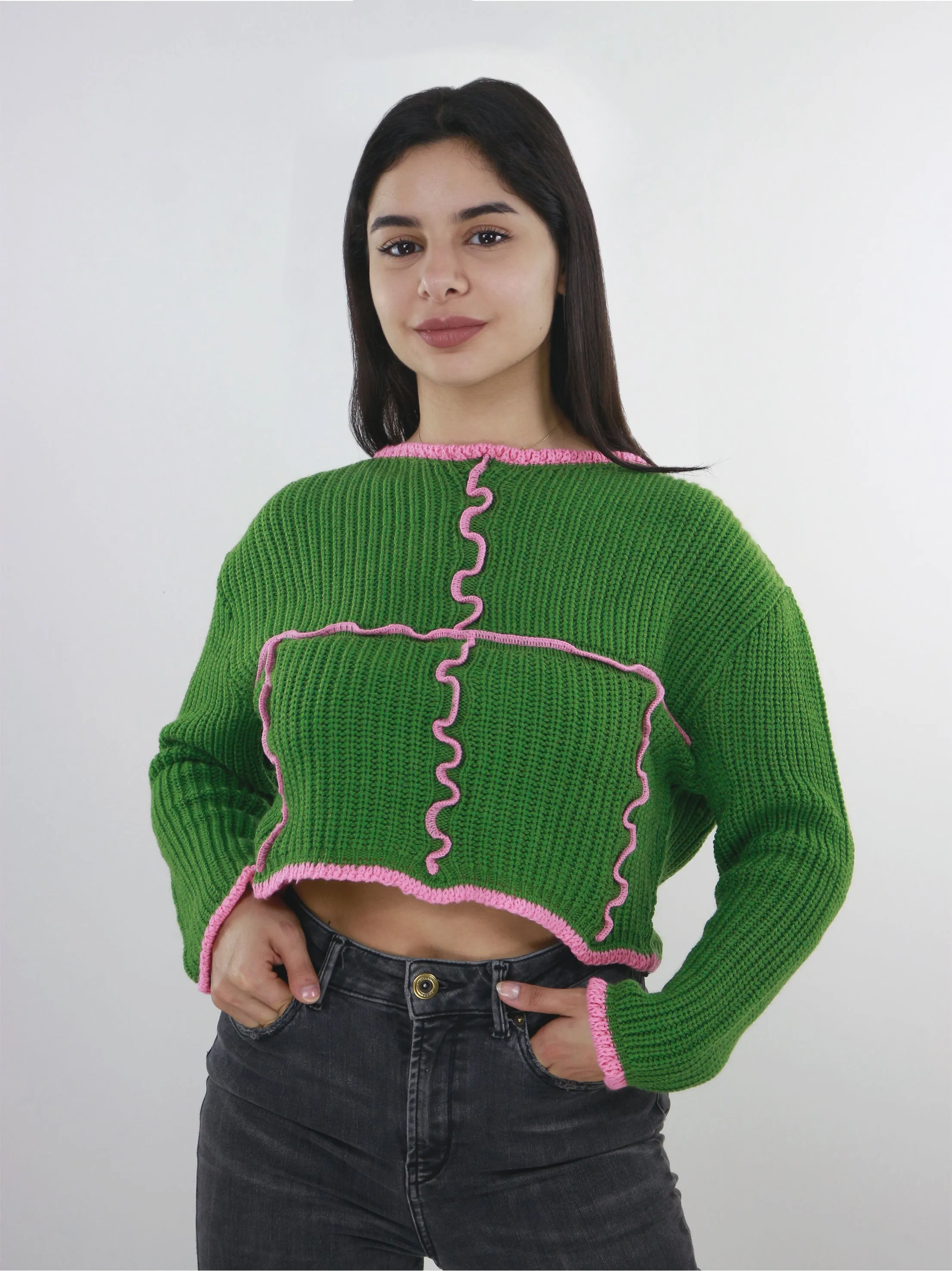 Damen Woll-Rippenstretch Crop Top, Grün