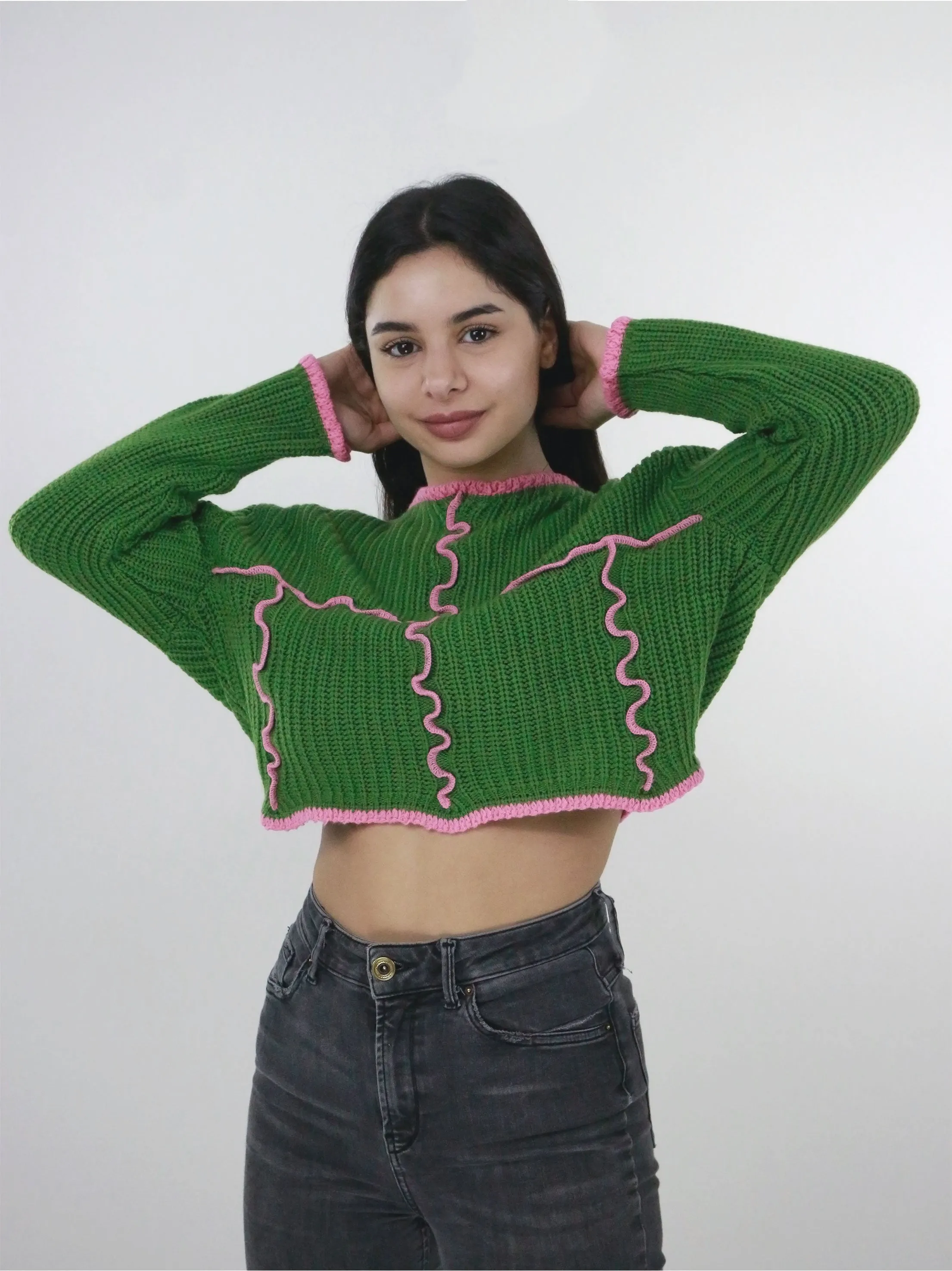 Damen Woll-Rippenstretch Crop Top, Grün