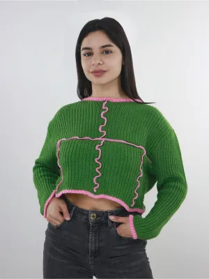Damen Woll-Rippenstretch Crop Top, Grün
